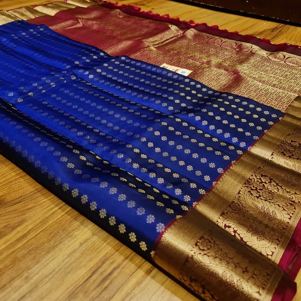 Navy blue and Maroon - wedding silk - soft silk saree - Kanchipuram silk saree - silk mark certified, bridal