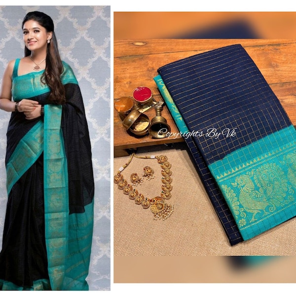 sari bleu marine et turquoise - sari en coton Madurai Sungudi - sari à carreaux - coton pattu - sari paon pour femme