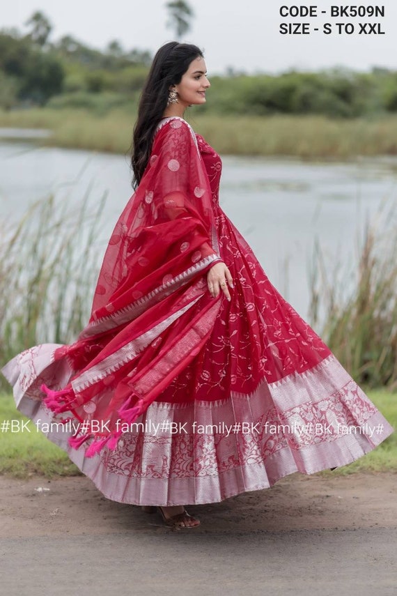 Rubi Red Organza Gown With Zari Border Maxi Gown Party Wear