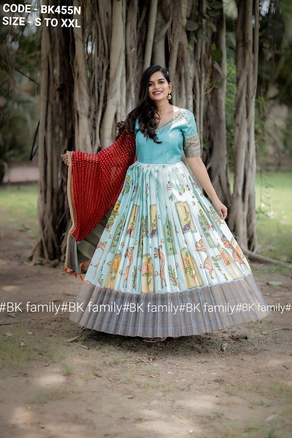 Baby Blue Pattu Gown With Beautiful Megam Work Design Lehenga Dress Indian  Wedding Gown, Indian Wedding Dress 