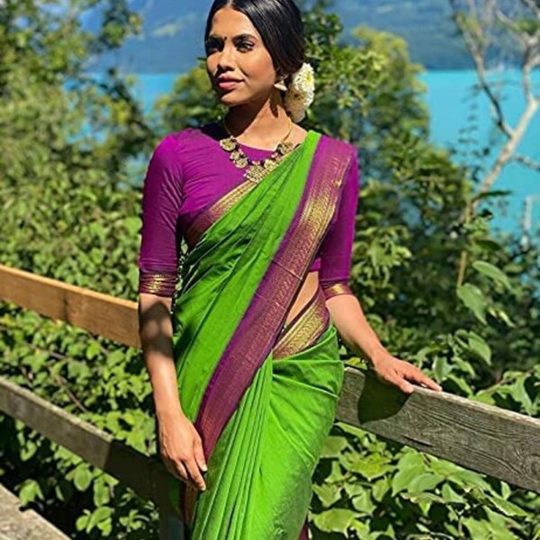 Sari vert perroquet et puple Kalyani Gatwal en coton, sari en coton pattu doux et lisse, sari en coton pattu, sari pour Navaratri