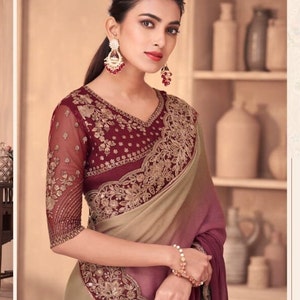 maroon with beige  party wear saree designer blouse piece, party wear saree, wedding wear saree, cocktail saree, saree for women in UK