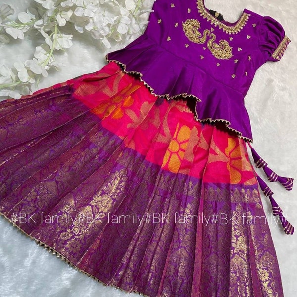 Indian traditional girls Designer lehenga - Exclusive Banarasi Big Border with Kalamkari lehenga, pattu pavada, kids lehenga