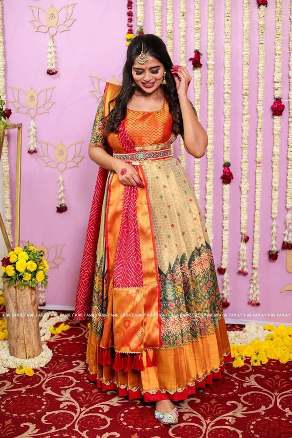 Traditional Dresses Online, Pattu Frock Green and Pink