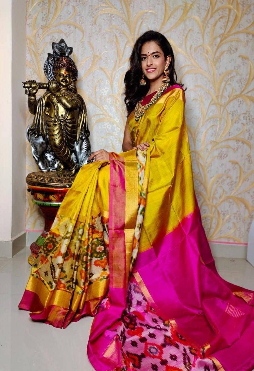 saris para mujeres saris de seda tejido a mano Saris de borde Uppada pattu grande pochampalli amarillo y rosa Ropa Ropa para mujer 