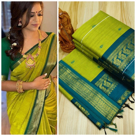 Parrot Green Kalyani Cotton Gatwal Saree, Soft and Smooth Cotton