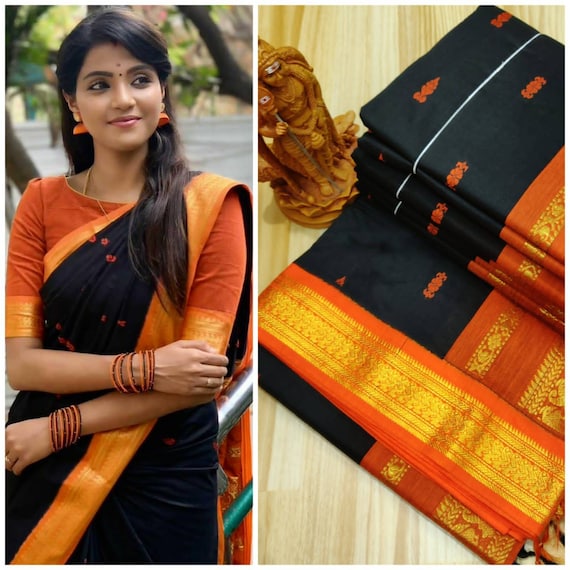 Black and Orange Vibrant Colours Kalyani Cotton Gatwal saree, soft and  smooth cotton pattu saree, cotton pattu saree