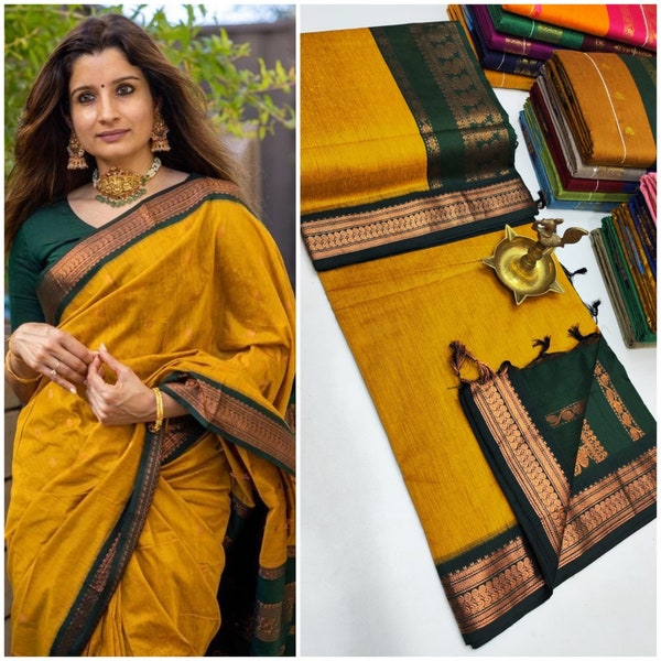 Bottle green and mustard Kalyani Cotton Gadwal saree, soft and smooth cotton pattu saree, cotton pattu saree