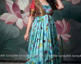 Pathani Kalamkari Banarsi Dress with Pethani Peacock  desgins, Pattu dress, kalamkari gown - lehenga dress - indian wedding gown