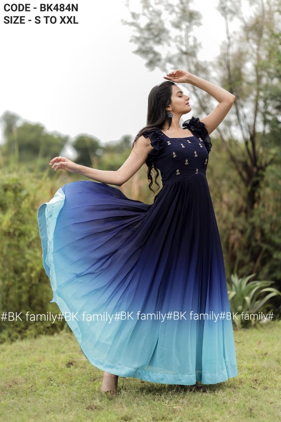 Buy A Line Blue Wedding Wear Indian Gowns Online for Women in USA