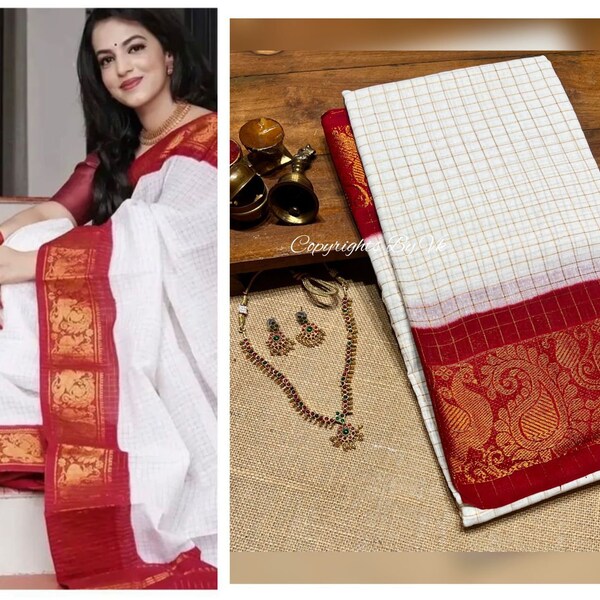 Saree rouge et blanc - Saree en coton Madurai Sungudi - saree à carreaux - Pattu en coton - saree paon pour femmes