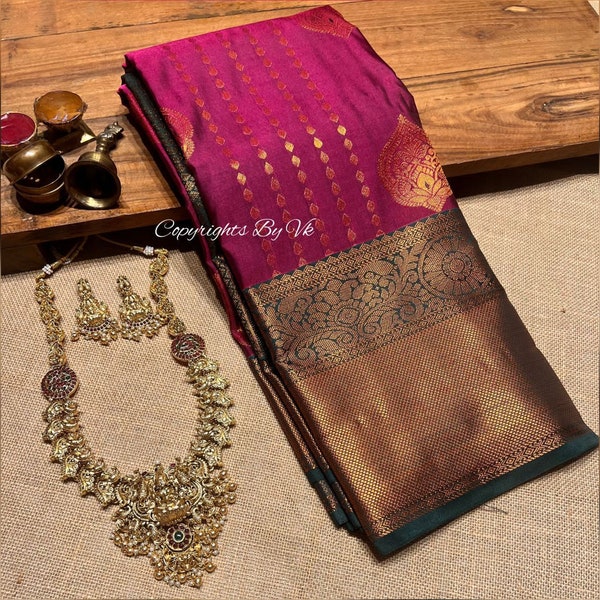 Pretty magenta with forest green - Light weight soft silk saree - soft silk saree for women in uk - pattu sari - wedding sari