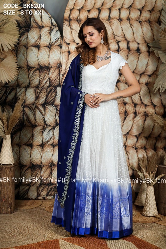 Blue Ostrich Organza Dress Pure White Indian Gown Long Party