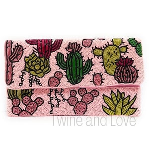 Pink Desert Cactus Beaded Clutch Purse, Succulent Southwestern Boho Crossbody Purse, Beaded Clutch Purse, Rodeo Cowgirl Bag, Best Seller