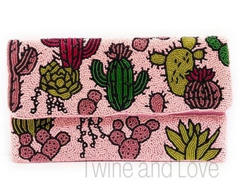 Pink Desert Cactus Beaded Clutch Purse, Succulent Southwestern Boho Crossbody Purse, Beaded Clutch Purse, Rodeo Cowgirl Bag, Best Seller