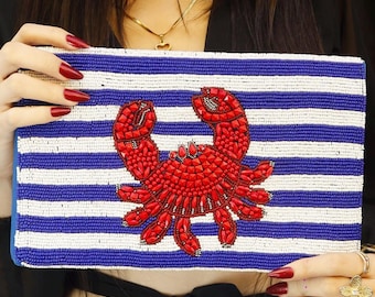 Blue and White Stripe Crab Clutch Stylish Hand Beaded Purse for Ocean Lovers, Tropical Beaded Bag, Resort Beaded Clutch, Vacation Accessory