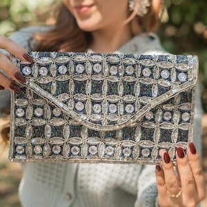 Formal Handmade Beaded Clutch Purse with Blue and Silver Seed Chic and Versatile for Any Occasion, Unique Custom Beaded Clutch Birthday Gift