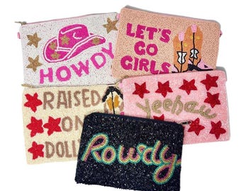 LARGE Beaded Pouch, Beaded Purse, Make Up Purse, Beaded Pouches, Birthday Best Friend Gift, Cosmetic Bags, Yeehaw Beaded Pouch, Best Seller