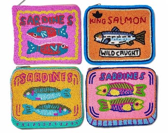 Hand Beaded Sardines & Salmon Pouches | Colorful Coin Purse | Makeup Bag | Coastal Beaded Zip Pouch | Fun Gift for Her