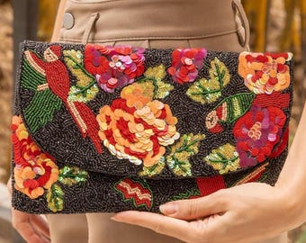 Floral Beaded Clutch Purse, Floral Clutch Bag, Beaded Clutch Purse, Black Beaded Bag, Party Clutch Purse, Birthday Gift, Floral Bead Clutch