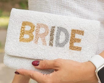 BRIDE Clutch Purse, Gift For Bride, Beaded Clutch Purse, Bridal Purse Clutch, White Beaded Wedding Purse, Bride Gifts, Bridal Gifts