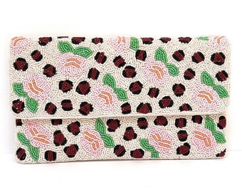 Pink Flowers Beaded Clutch Purse, Ivory Beaded Purse, Floral Clutch Purse, Summer Crossbody Bag, Party Clutch Purse, Summer Beaded Clutch
