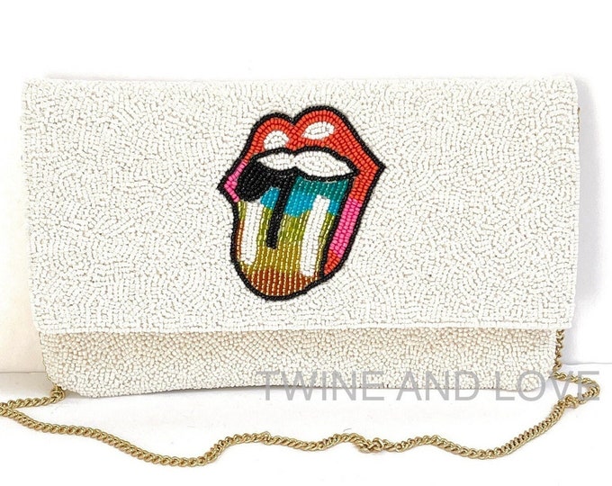 Rainbow Tongue Beaded Clutch Purse, Rock and Roll Tongue Purse, Beaded Clutch Purse, Rolling Stones Gifts, Birthday Gift, Red Tongue Purse
