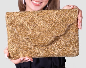 Handmade Beaded Clutch Purse Shimmering Gold, Silver, and Black Evening Bag Wedding Clutch, Party Clutch Purse, Evening Clutch, Bridal Gifts