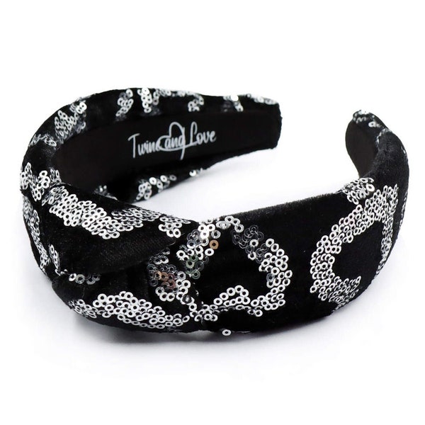Valentine's Day Headband, Glamorous Black Velvet Headband with Sparkling Silver Sequin Hearts - Handmade Hair Accessories, Velvet Headband