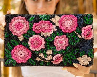 Floral Beaded Clutch Purse, Floral Clutch Bag, Beaded Clutch Purse, Summer Beaded Bag, Party Clutch Purse, Birthday Gift, Floral Bead Clutch