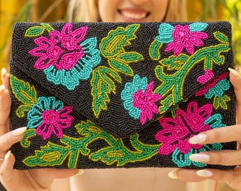Floral Beaded Clutch Purse, Floral Clutch Bag, Beaded Clutch Purse, Summer Beaded Bag, Party Clutch Purse, Birthday Gift, Floral Bead Clutch