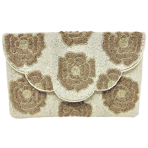 Gold Beige Beaded Clutch Purse, Wedding Gift, Gold Floral Beaded Purse Boho Clutch Purse Birthday Gift Elegant Beaded Bag Floral Purse