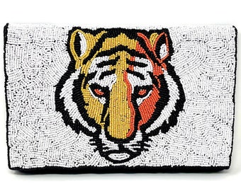 Tiger Beaded Clutch Purse, Tiger Clutch Bag, Beaded Clutch Purse, Summer Beaded Bag, Party Clutch Purse, Birthday Gift, Black Bead Clutch