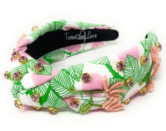 Handmade Crystal Embellished Knot Headband: Pink & Green 