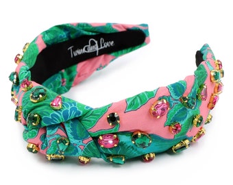 Floral Embellished Statement Headband | Green & Pink Crystals | NWT Handmade Crystal Embellished Knot Headband: Pink & Green  main image 4