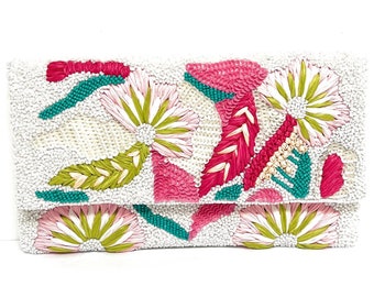 Pink Flowers Beaded Clutch Purse, Multicolor Beaded Bag, Tropical Clutch Purse, Floral Bead Handbag, White Crossbody Bag, Party Clutch Purse