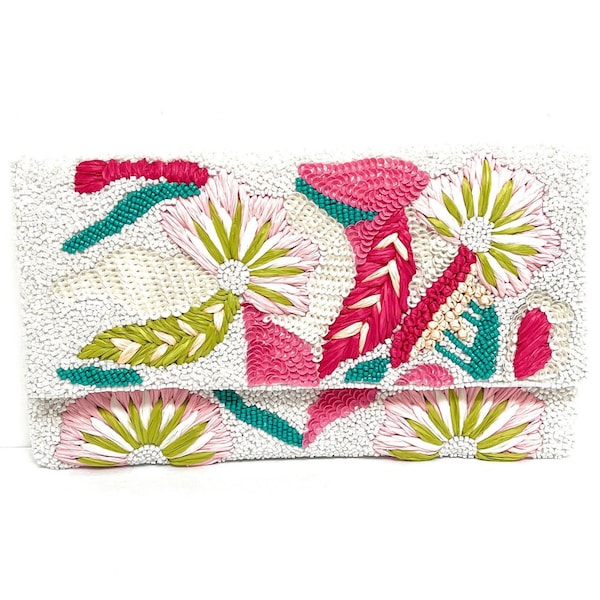 Pink Flowers Beaded Clutch Purse, Multicolor Beaded Bag, Tropical Clutch Purse, Floral Bead Handbag, White Crossbody Bag, Party Clutch Purse