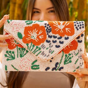 Floral Beaded Clutch Purse, Floral Clutch Bag, Beaded Clutch Purse, Summer Beaded Bag, Party Clutch Purse, Birthday Gift, Orange Clutch