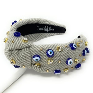Evil Eye Jeweled Knot Headband, Embellished Knotted Headband, Gray Jeweled Knotted Headband, Luxury Statement Headband, Hand Sewn Headband.