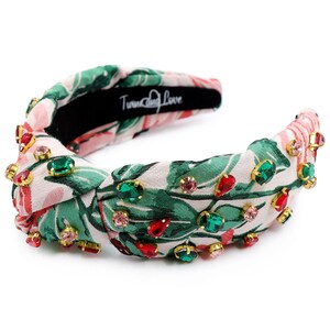 Hand Sewn Jacquard Jeweled Knot Headband, Embellished Knotted Headband, Red Green Jeweled Knotted Headband, Luxury Statement Knot Headband