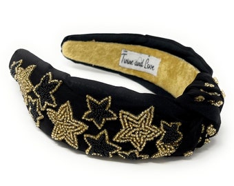 Hand Bead Stars Knot Headband, Knotted Headband, Wide Knot Headband, Embellished Knot Headband, Black Knot Headband, Gold Stars Headband
