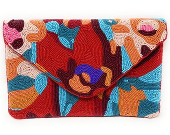 Multi Color Beaded Clutch Purse, Red Clutch Bag, Beaded Clutch Purse, Summer Beaded Bag, Party Clutch Purse, Birthday Gift, Boho Bead Clutch