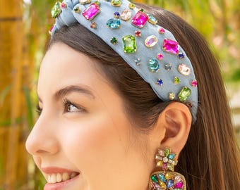 Beautiful Denim Headband Adorned with Multicolor Jewels Stylish Hair Accessory for Every Occasion Knot Headband Denim Jeweled Knot Headband