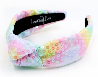 Pastel Rainbow Sequin Party Top Knot Headband- Holidays, New 