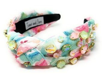 Handmade Crystal Embellished Knot Headband: Pink & Green  display picture 3