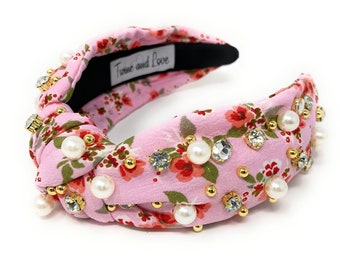 Floral Embellished Statement Headband | Green & Pink Crystals | NWT Handmade Crystal Embellished Knot Headband: Pink & Green  main image 2