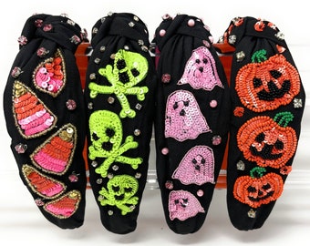 Halloween Unique Beaded Top Knot Headbands, Custom Halloween Headbands in Chic Black Fabric, Pink Ghosts Pumpkin Skull Candy Corn Headbands