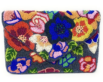 Floral Beaded Clutch Purse, Floral Clutch Bag, Beaded Clutch Purse, Summer Beaded Bag, Party Clutch Purse, Birthday Gift, Floral Bead Clutch