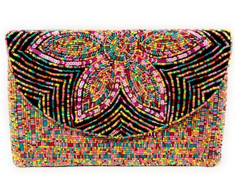 Unique Handcrafted Multicolor Custom Clutch Purse with Removable Chain, Beaded Clutch Purse,  Evening Bag Clutch Purse, Multi Color Handbag