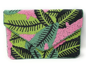 Hand Beaded Clutch Purse with Beautiful Palm Leaf Motifs Birthday Gift, Summer Accessories, Tropical Clutch Handbag, Palm Leaf Crossbody Bag